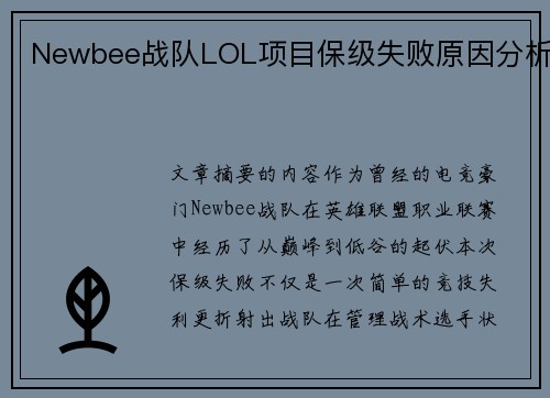 Newbee战队LOL项目保级失败原因分析