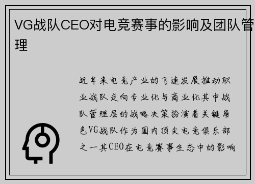 VG战队CEO对电竞赛事的影响及团队管理