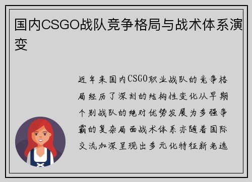 国内CSGO战队竞争格局与战术体系演变
